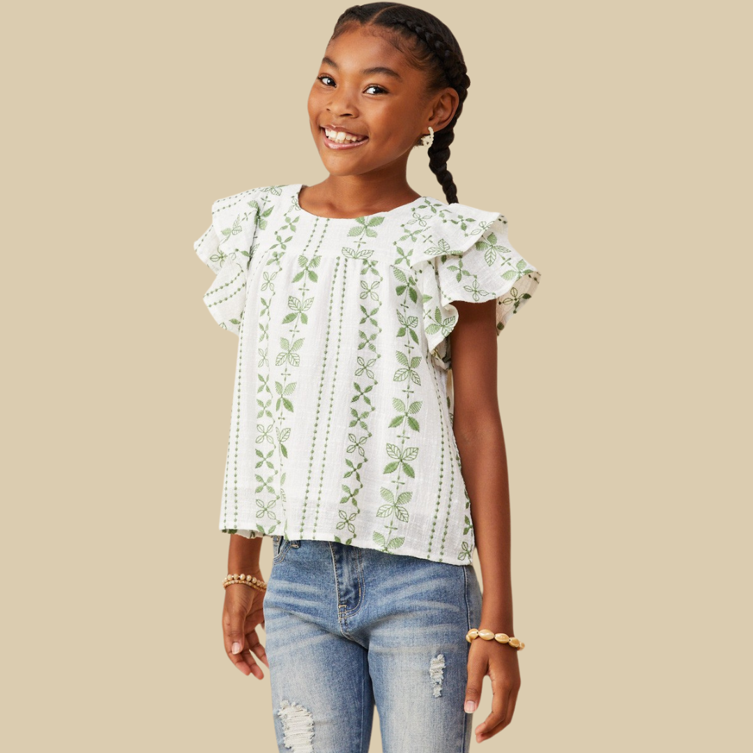 Girls Botanical Embroidered Layered Ruffle Top – Soca Girl