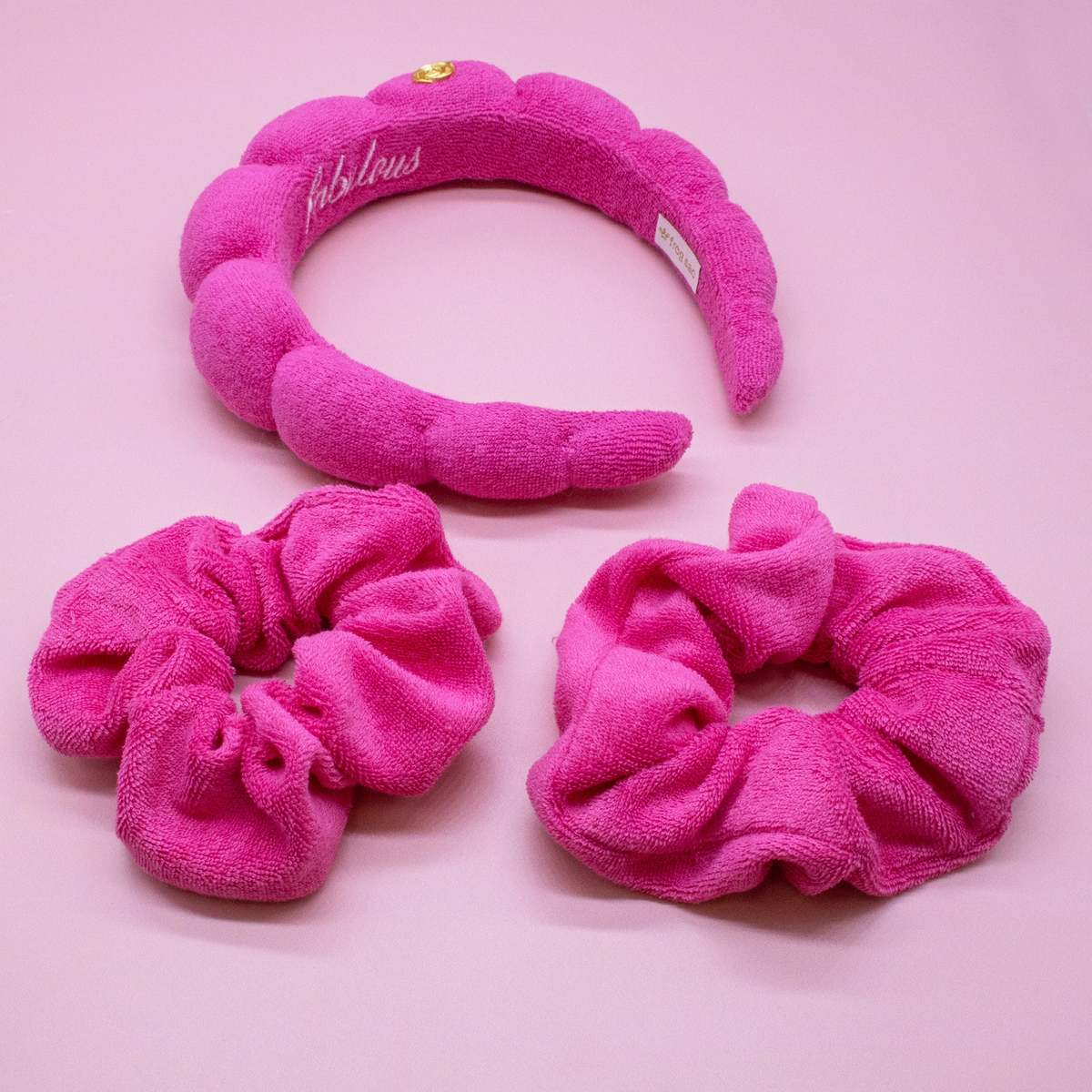 Puffy Terry Cloth Padded Spa Headband with Scrunchies | Hot Pink