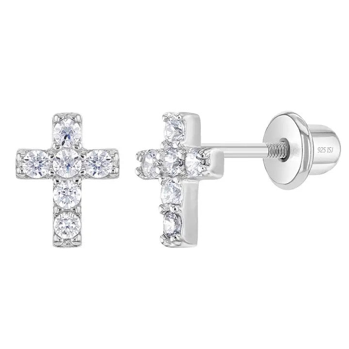 The Perfect Cross 7mm Earrings Screw Back - Sterling Silver | CLEAR