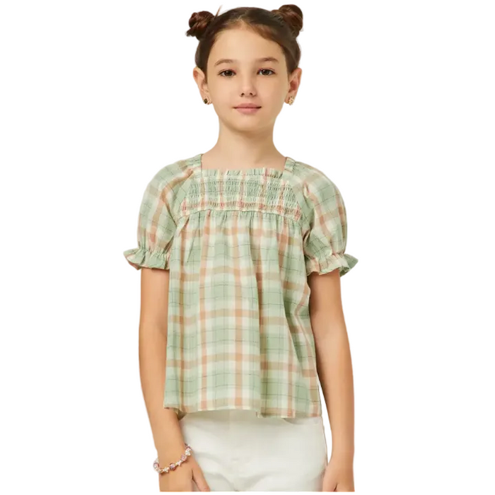 Plaid Smocked Square Neck Baby Doll Top
