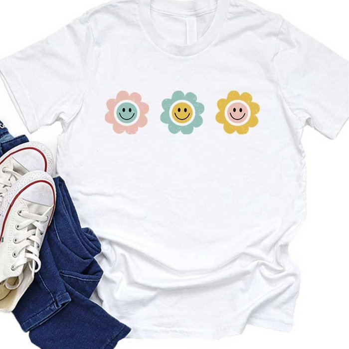 Retro Smiley Face Daisy Kids Graphic Tee