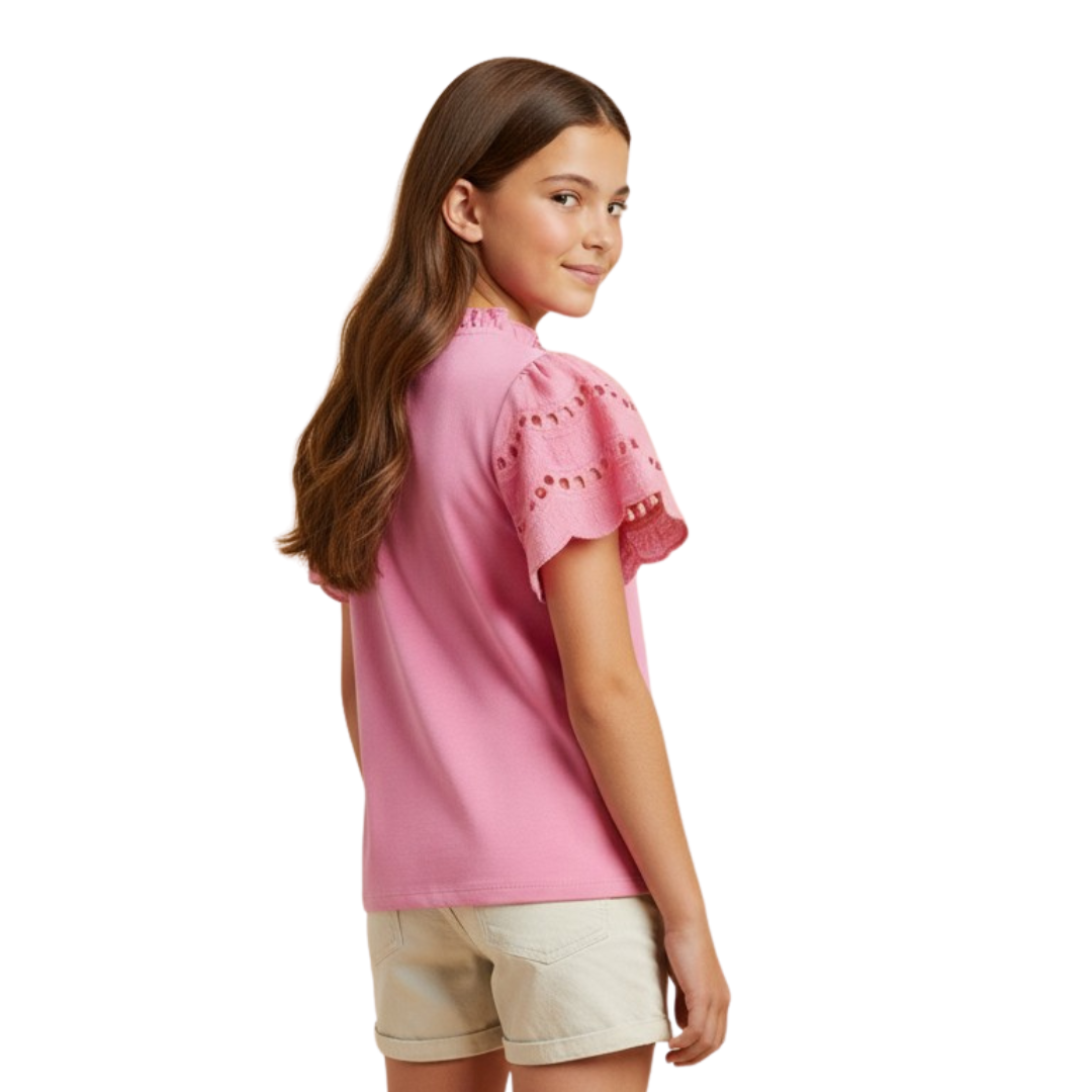 Scalloped Eyelet Lace Sleeve T-Shirt