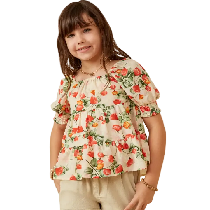 Floral Smocked Sleeve Peplum Top