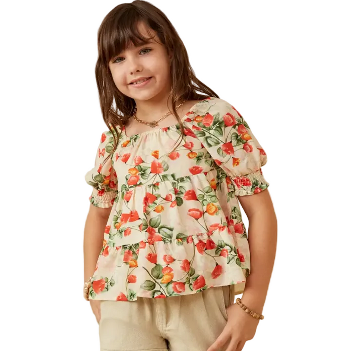 Floral Smocked Sleeve Peplum Top