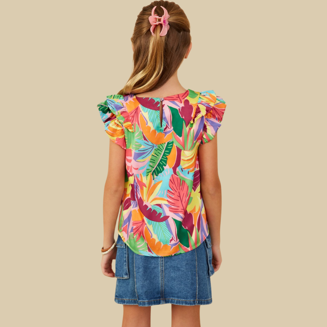 Girls Tropical Print Double Ruffled Top