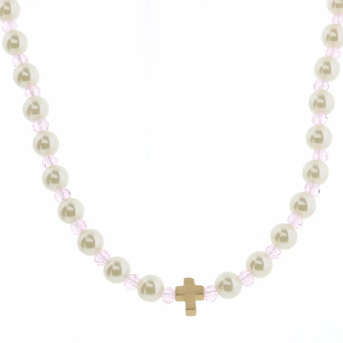 Kid Pearl & Light Pink Faceted w/ Cross Necklace